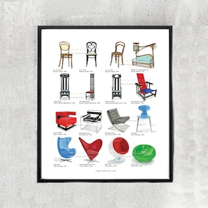 Mid Century Chairs Poster, Mid Century Chairs Wall Art, Watercolor Chairs Print, Designer Chairs Art Orint, Famous Chairs Art, Iconic Chair