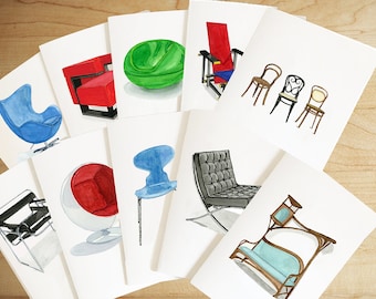 Watercolor Illustration of Famous Chairs Cards, Mid Century Chairs Cards, Furniture Cards, Iconic Cards, Chair Stationary, Famous Chair Card