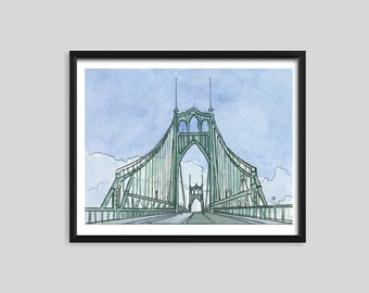 Portland Art, Portland St Johns Watercolor, St Johns Art Wall, St Johns Bridge, St Johns Bridge Art Print, Portland Skyline Watercolor