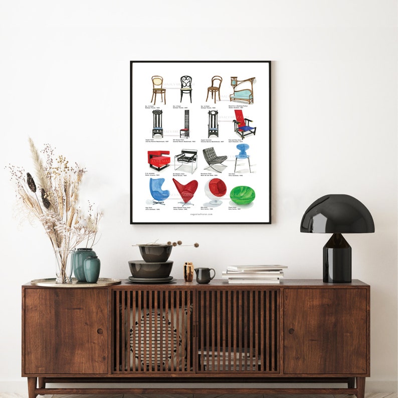 May include: A framed poster with illustrations of 20 different chairs. The chairs are drawn in watercolor and are arranged in a grid pattern. The poster is hanging on a white wall above a wooden cabinet.