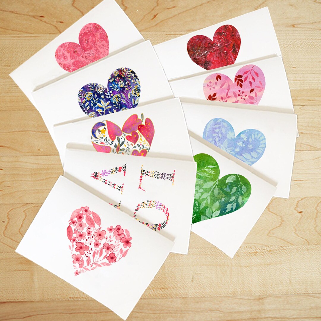 Watercolor Hearts Love Cards, Hearts Cards, Watercolor Love Cards Set ...
