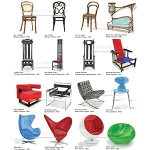 May include: A collection of 14 iconic chairs from design history, including the No. 14 Chair by Michael Thonet, the Barcelona Chair by Mies van der Rohe, and the Egg Chair by Arne Jacobsen. The chairs are illustrated in watercolor and labeled with their names and designers.