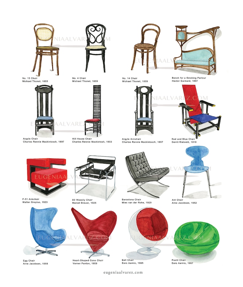 May include: A collection of 14 iconic chairs from design history, including the No. 14 Chair by Michael Thonet, the Barcelona Chair by Mies van der Rohe, and the Egg Chair by Arne Jacobsen. The chairs are illustrated in watercolor and labeled with their names and designers.