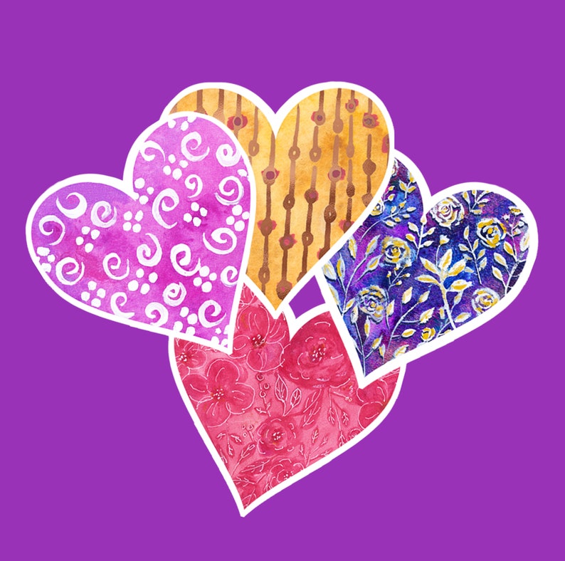Heart Stickers Watercolor Pack, Flower Heart Watercolor Sticker, Heart
