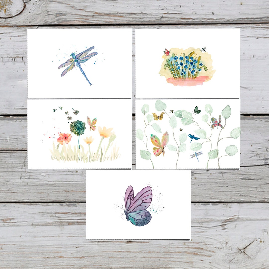 Watercolor Nature Cards, Butterfly Card, Botanical Card Set, Dragonfly ...