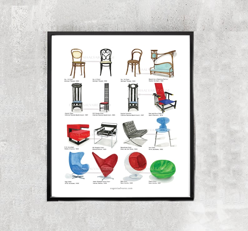 Art print with 12 different chairs and colors