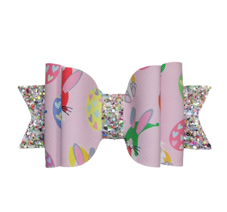Easter bunny pink faux leather bow Easter bunny hair bow Pink bunny egg hair bow Light pink Easter bow Pink bunny glitter bow Rixie.