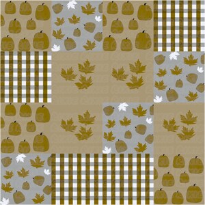 May include: A digital collage of nine squares with different patterns. Each square features a different pattern of brown pumpkins, white leaves, and brown and white checkered patterns.