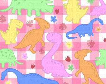 Dino seamless files. Gender neutral dinosaur seamless files. Pastel Dino seamless file. Pink gingham Dino file. Girly pastel Dino seamless.