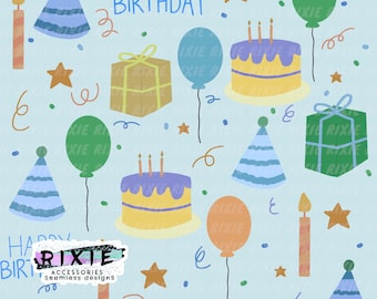May include: A light blue background with birthday-themed illustrations. The image includes the text "HAPPY BIRTHDAY", party hats, balloons, gift boxes, cakes, candles, and stars. The image also includes the text "ACCESSORIES seamless designs".