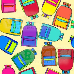 Back to school seamless files. Multi colored backpack seamless file. Backpacks pink blue yellow neutral school seamless file. Kids backpack
