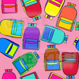 Back to school seamless files. Multi colored backpack seamless file. Backpacks pink blue girl neutral school seamless file. Kids backpack