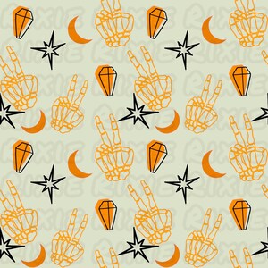 Skeleton hand mystical gem seamless design. Orange skeleton gem seamless. Cute spooky skeleton Halloween seamless file. Orange gem seamless.