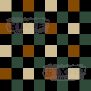 May include: A checkered pattern fabric with alternating squares of black, beige, dark green, and brown.