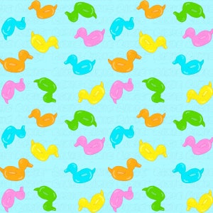 May include: A repeating pattern of colorful rubber ducky pool floats in orange, green, yellow, pink, and blue. The ducks are scattered across a light blue background with a subtle, textured design.