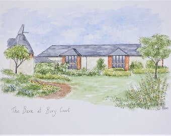 House Portrait in watercolour, venue portrait for anniversary or birthday gift for him or her, pen and ink house sketch