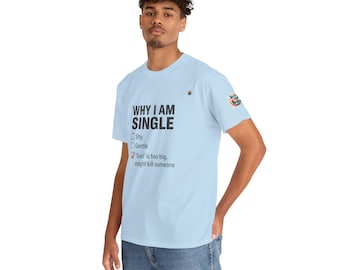 May include: Light blue t-shirt with the text "WHY I AM SINGLE" and a checklist. The checked box reads "'Tool' is too big, might kill someone." The shirt has a small bee graphic and a colorful logo on the sleeves.