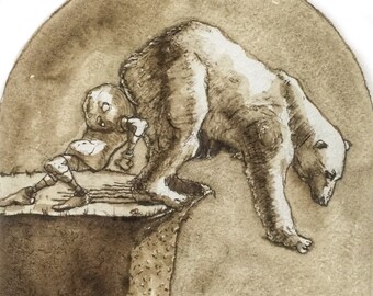 May include: A brown and white bear stands on a cliff edge, looking down at a small figure in a dress. The figure is standing on a lower ledge, looking up at the bear. The scene is painted in shades of brown and white.