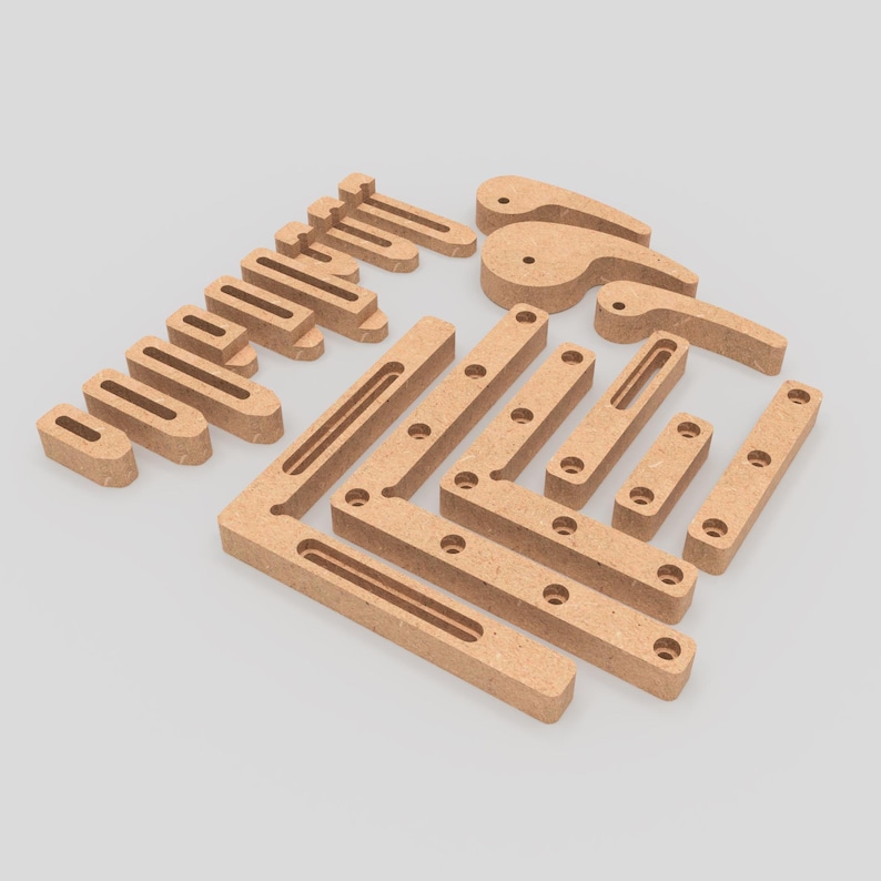 May include: A set of wooden pieces for building a woodworking jig. The pieces are made of light brown wood and have holes drilled in them. The pieces are arranged in a pattern that suggests they can be used to create a variety of jigs.