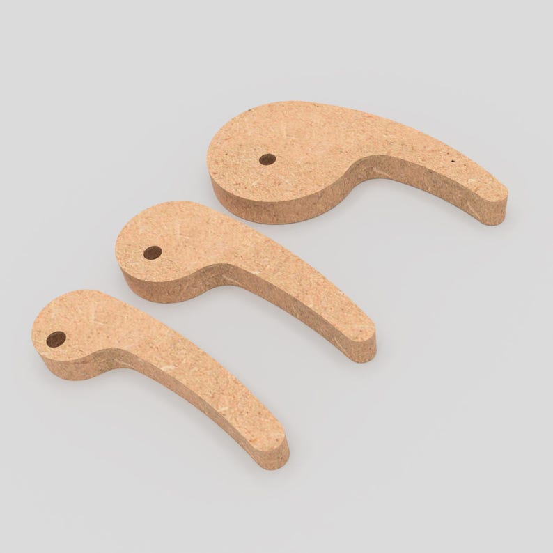 May include: Three wooden handles with a hole in the top. The handles are light brown and have a smooth, slightly textured surface.