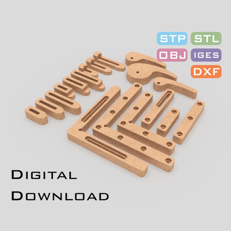 May include: A set of wooden pieces for building a model. The pieces are in various shapes and sizes, and they are all made of a light brown wood. The pieces are arranged in a way that suggests they can be assembled into a structure. The text "DIGITAL DOWNLOAD" is visible at the bottom of the image.