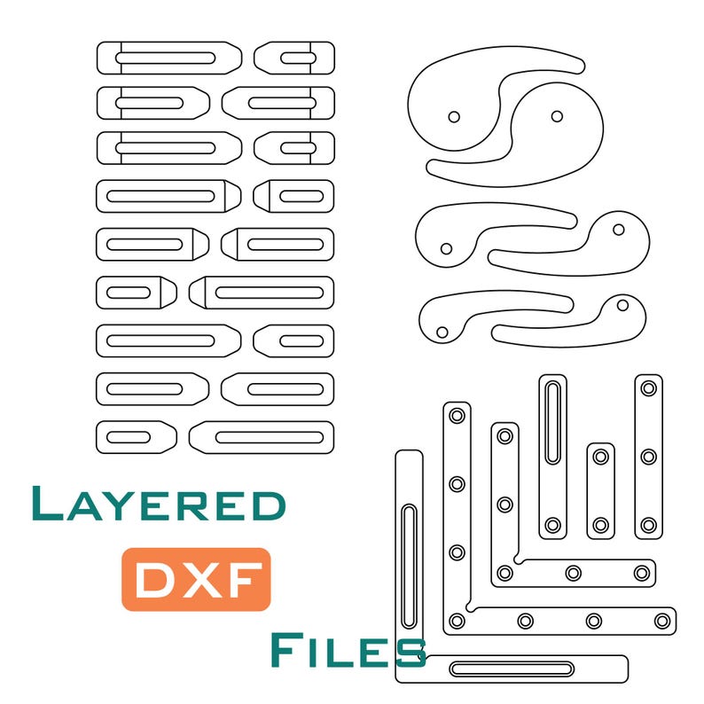 May include: A black and white line drawing of a layered design for a wooden project. The design includes multiple pieces, including a curved handle, a rectangular frame, and a series of small, rectangular pieces. The text "LAYERED DXF FILES" is included in the image.