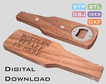 CNC Bottle-Shaped Bottle Opener with Metal Insert | Engraving Designs Included | CNC & Laser Files in stl, stp, obj, iges, svg