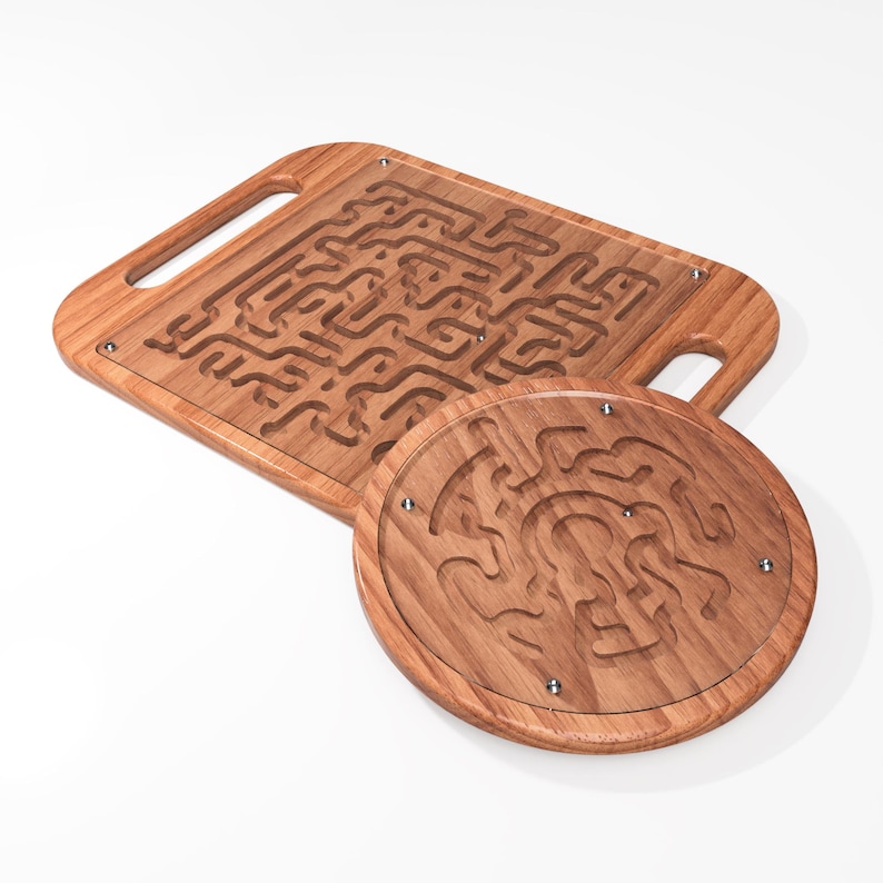 May include: A wooden maze game with a circular piece that fits into a rectangular base. The maze is made of wood and has a natural finish.