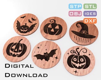 Whimsical Halloween Coasters Digital Download - Bat, Hat & Pumpkin Designs | dxf, step, stl Files | Beginner CNC Project