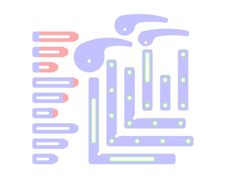 May include: A set of purple and green plastic pieces with a variety of shapes, including circles, rectangles, and curved lines. The pieces are arranged in a pattern on a white background.