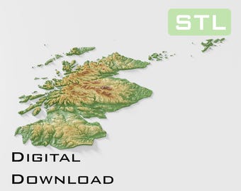 Modelo topográfico detallado de Escocia. Archivos STL de topografía: perfectos para impresión CNC y 3D. CNC, impresión 3D, mapa en relieve.