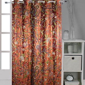 Beautiful Amber Rust Velvet Crewel Hand-Embroidery Curtain-Velvet Crewel Curtain-Blackout Crewel Curtain Fabric-