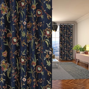 Beautiful Navy Blue Velvet Hand-Embroidery FULLY-LINED Crewel Curtain