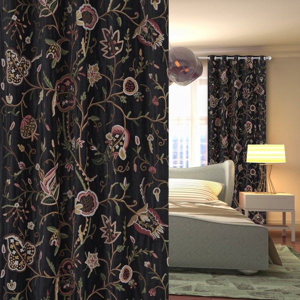 Beautiful Black Velvet-Wool Hand-Embroidery FULLY-LINED Crewel Curtain