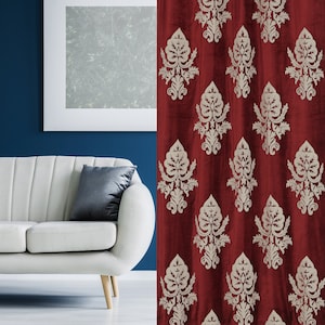 Luxurious Red Hand-Made Velvet-Wool FULLY-LINED Crewel Curtain