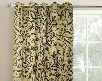 Beautiful Cream Cotton Duck Handmade Crewel FULLY-LINED Curtain-Embroidered Crewel Fabric-Crewel Curtain Fabric-Free Crewel Sample Available