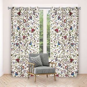 Beautiful Hand-Embroidered  White Cotton Floral Crewel Curtain
