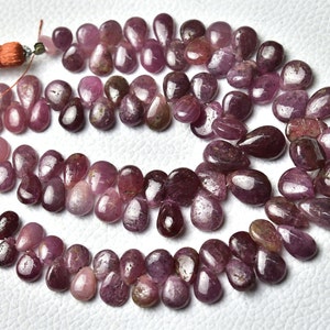 Cuentas de rubí natural lisas en forma de pera de 4 x 5 mm a 8 x 11 mm, briolettes de pera lisas, cuentas de piedras preciosas, cuentas de rubí rosa rellenas de vidrio - Tira de 6,5 pulgadas n.º 6585