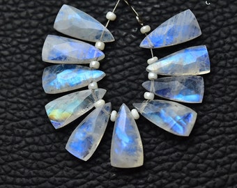 Peut inclure: Un collier de perles de pierre de lune irisées, chaque perle est en forme de larme avec une pointe pointue. Les perles sont enfilées sur un fil d'argent avec des perles d'espacement blanches.