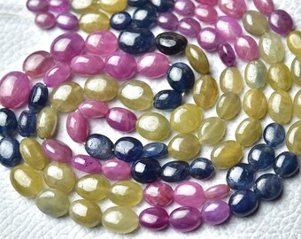 14 Inches Strand Natural Multi Sapphire Beads 5mm to 9mm Smooth Oval Gemstone Beads Superb Sapphire Stone Beads No3678