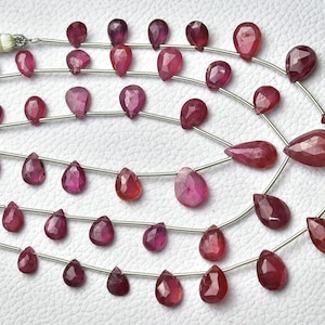 Cuentas de rubí natural en forma de pera (4 x 6 mm a 9 x 12 mm), facetadas, tipo briolette, de piedras preciosas, rellenas de vidrio, para joyería, tira de 18 cm, n.º 6671