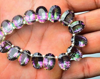 AAA Quality Mystic Quartz Concave Cut Beads Pair 10x14mm Faceted Oval Briolettes Gemstone Beads Jewelry 2 Matched Pair ( 4 Pcs ) No5474