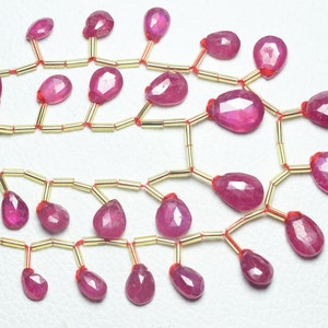 Cuentas de rubí natural en forma de pera (5 x 8 mm a 9 x 12 mm), briolettes facetados, collar de piedras preciosas, cuentas de rubí raras, hilo de joyería, 14 piezas, n.º 5251