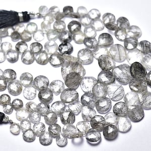 Natural Black Rutile Briolettes 6mm to 10.5mm Faceted Heart Briolettes Gemstone Beads Superb Black Rutile Stone - 7 Inches Strand No4238