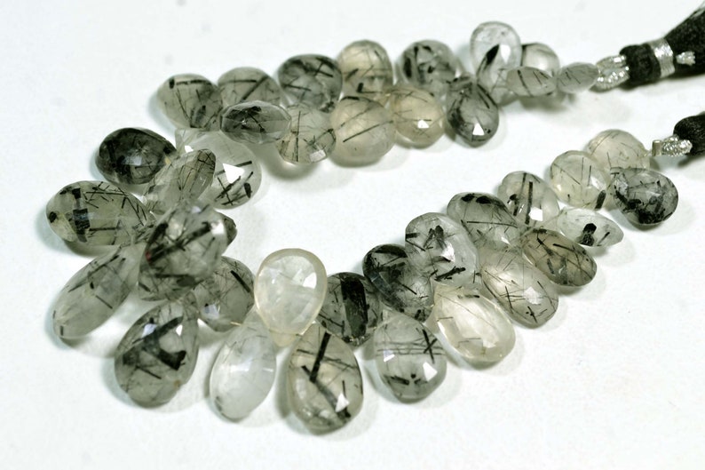 7 Inches Strand Natural Black Rutile Briolettes 6x10mm to 10x16mm Pear Shape Beads Faceted Gemstone Beads Black Rutile Stone No 509
