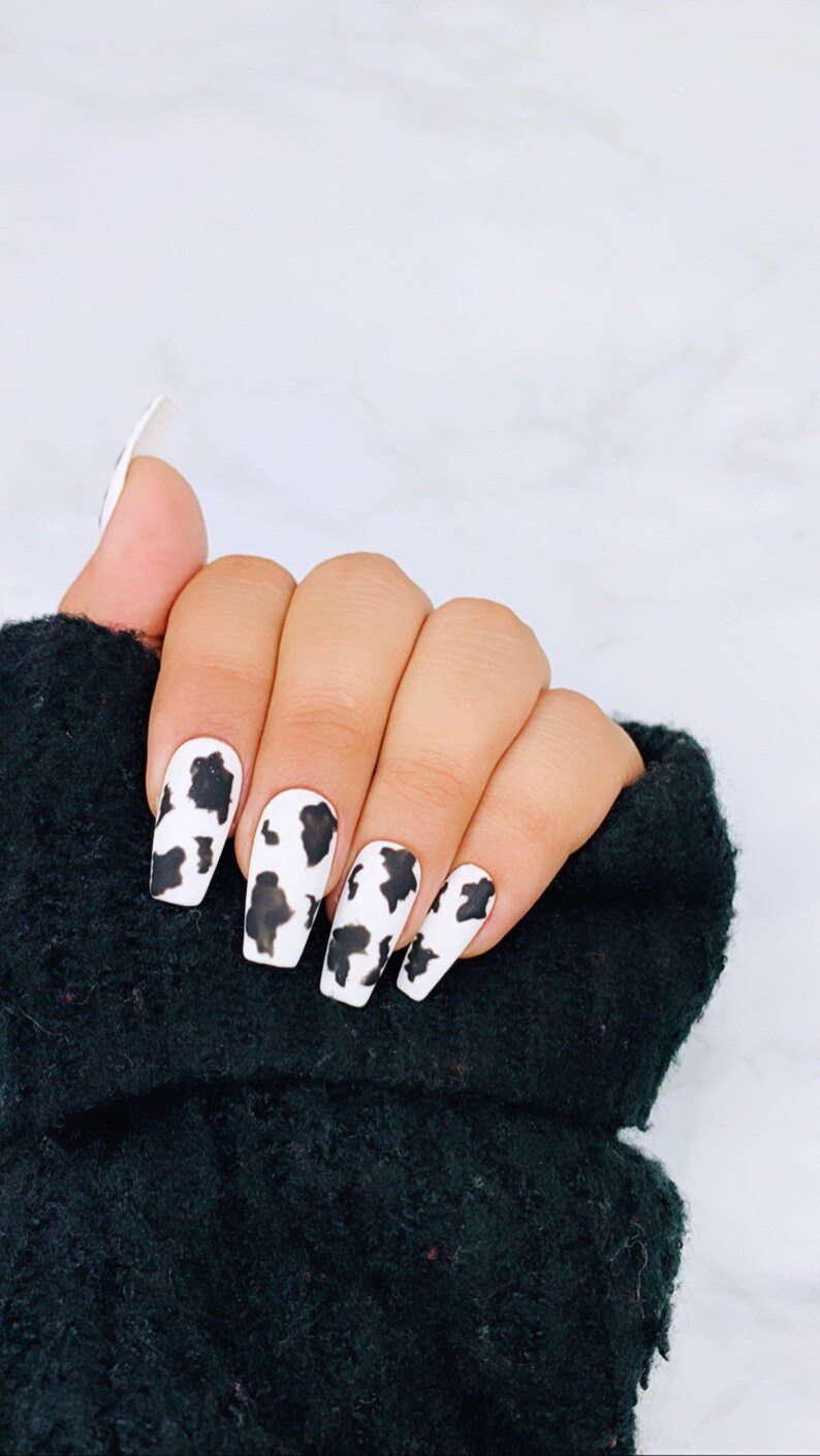 Cow Print Press on Nails Cow Nails Black Nails Fake Etsy