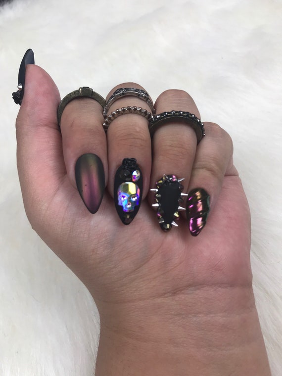 Midnight Fantasy Press On Nails Gel Nails Any Shape And Size Purple Nails Skulls Matte Black