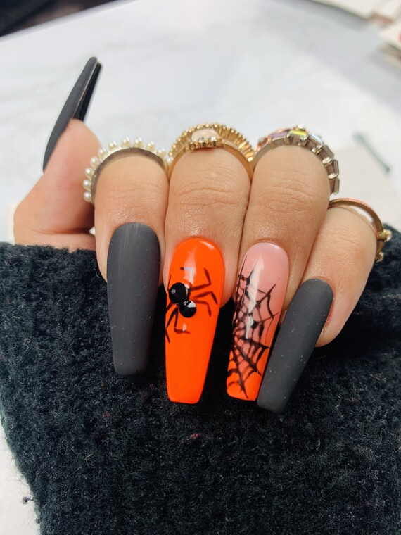 Halloween Inspired Nails Black Nails Orange Nails Orange | Etsy