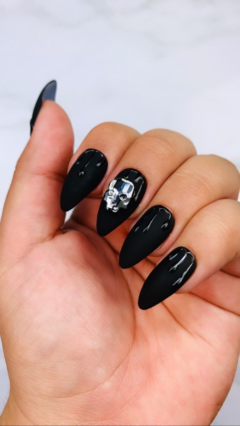 Matte Black Skull Nails Goth Nails Swarovski Nails | Etsy
