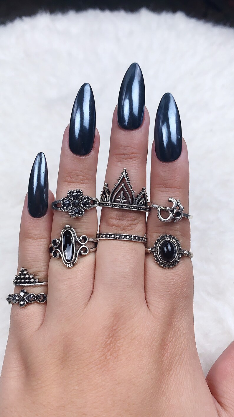 Gun Metal Chrome Press On Nails Chrome Nails Metallic | Etsy